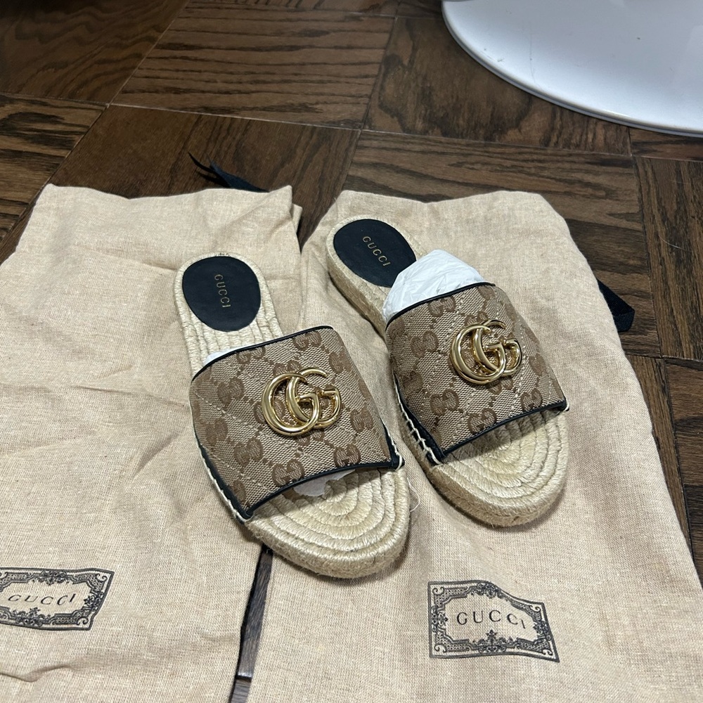 Gucci Slides with G Pattern and Gold Harware